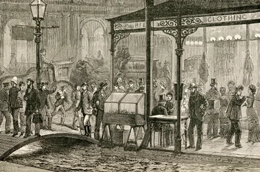 Bourke Street, Melbourne, Australien an einem Samstagabend im 19. Jahrhundert, aus 